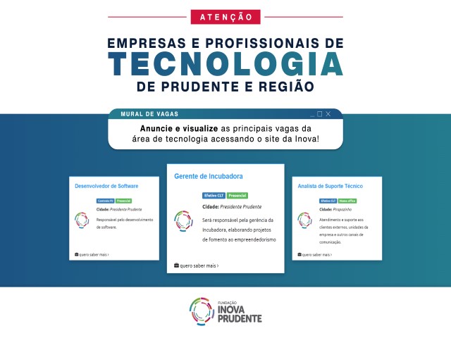 Site da Inova Prudente disponibiliza mural para anúncios de emprego no setor de tecnologia