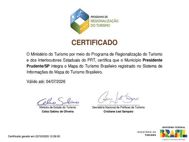 PP conquista certificação no Mapa do Turismo Brasileiro, programa do Ministério do Turismo