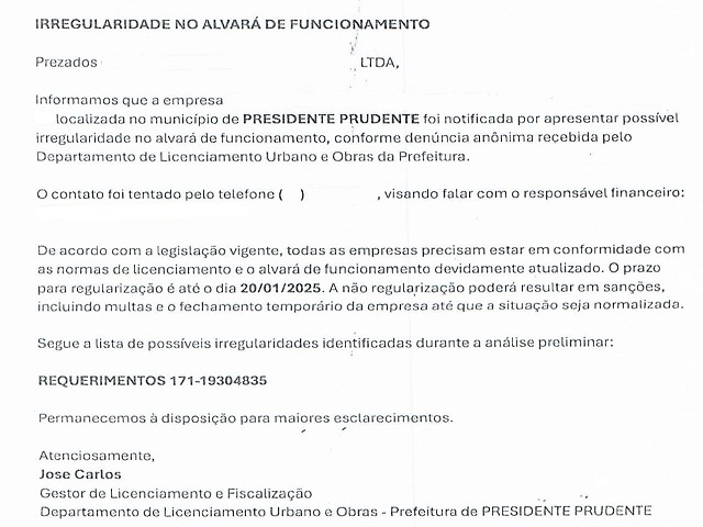 Prefeitura de PP alerta sobre golpe via email a empresas com notificação de irregularidade