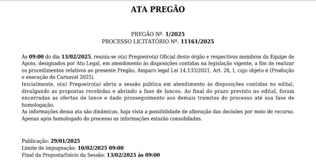 Prefeitura cancela Carnaval 2025 por falta de vencedor em licitação